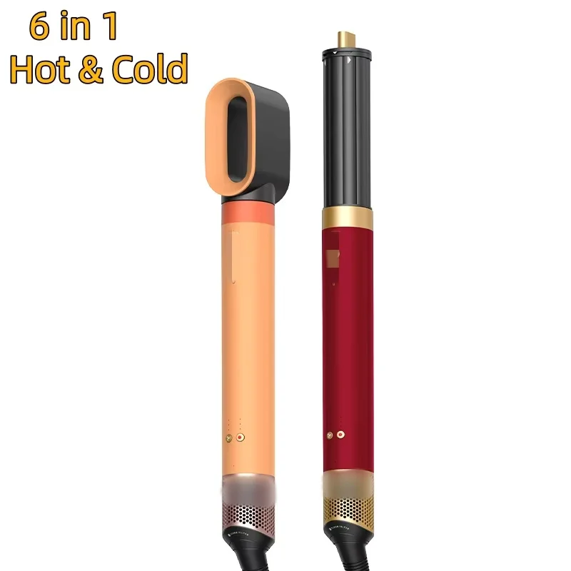 Professional 6 in 1 Cold Hot Air Styling Brush Hair Dryer Curling Iron Straightener Flat Iron 1700W Fast Dry Voluminous Waves