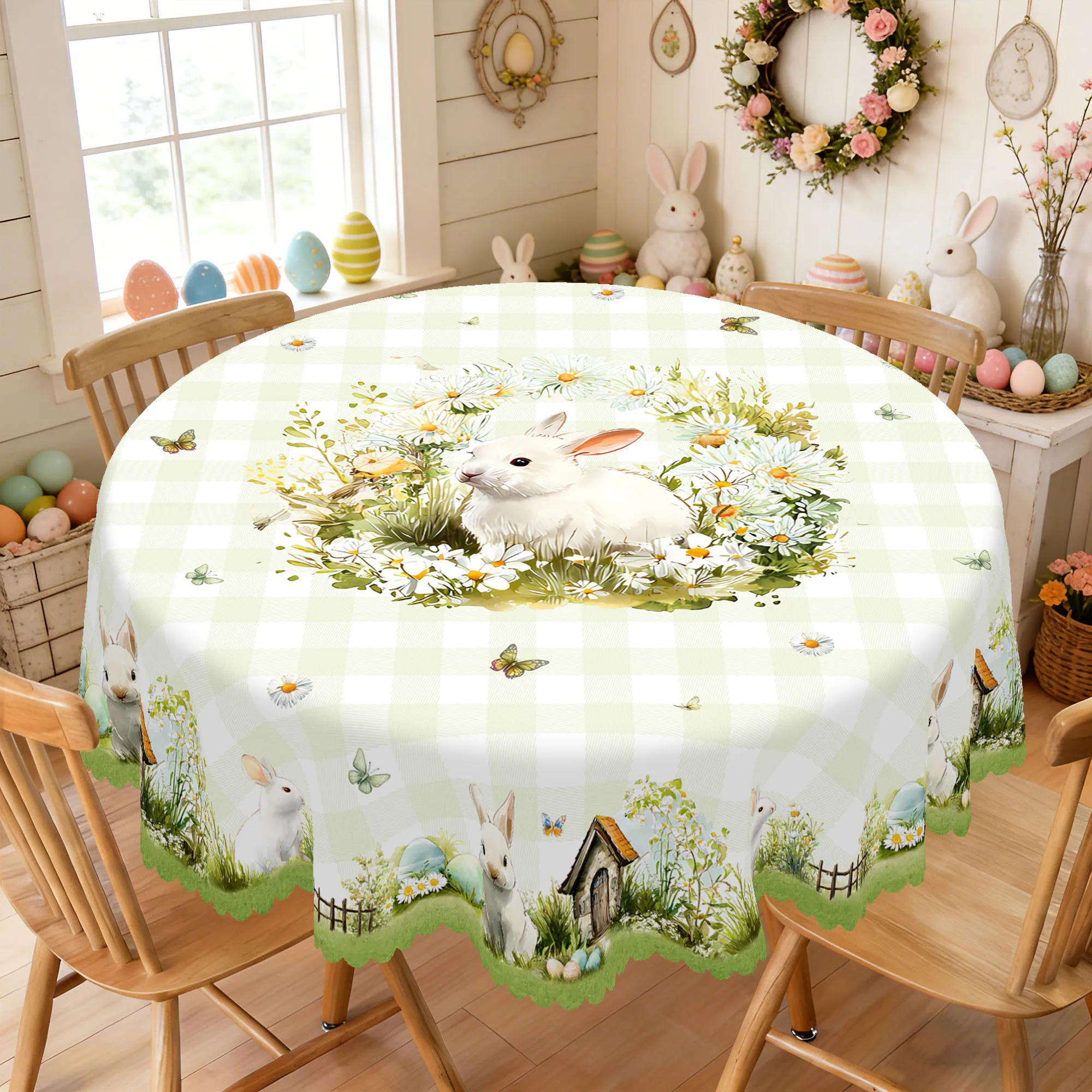 1 Piece of Easter Round Tablecloth, Available in 5 Sizes, Featuring a Soft and Cute White Rabbit Intertwined with Blooming Daisies and Fluttering Butterflies, Paired with a Fresh Print of Grass and a Small Cabin, Round Tablecloth with Embossed Edges, Easter Decoration, Spring Garden Tablecloth Decoration, Suitable for Everyday Use in the Home Kitchen, Patio, Balcony, Spring Party Decoration Gift