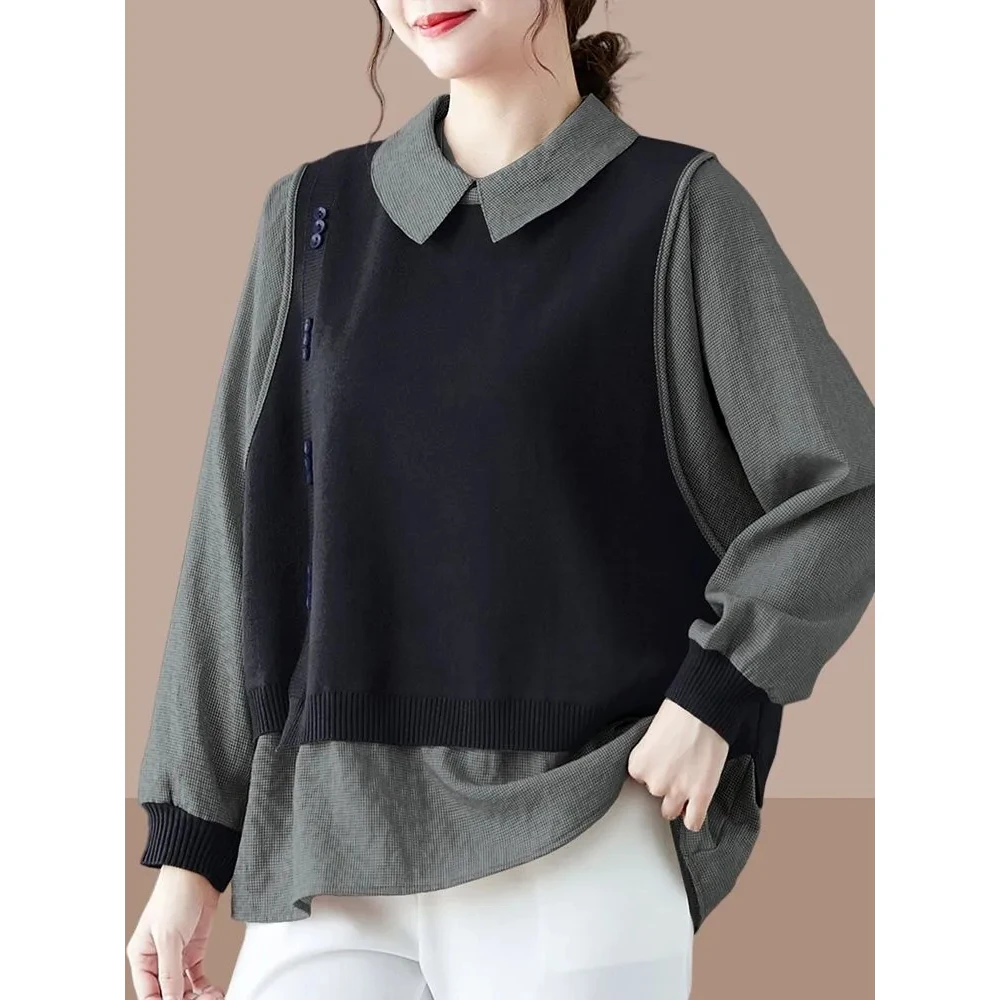 Women\'s Knitted Sweater Fashion Large Size Korean Loose Pullover Middle-aged Mother Fake Two Pieces Knitting Jumper Mujer 4XL