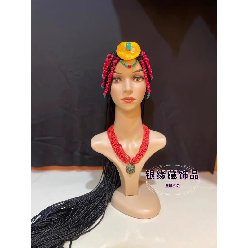 

Китайский тибетский цельный парик с полной косой и зеленым бирюзовым тибетским костюмом, головной убор