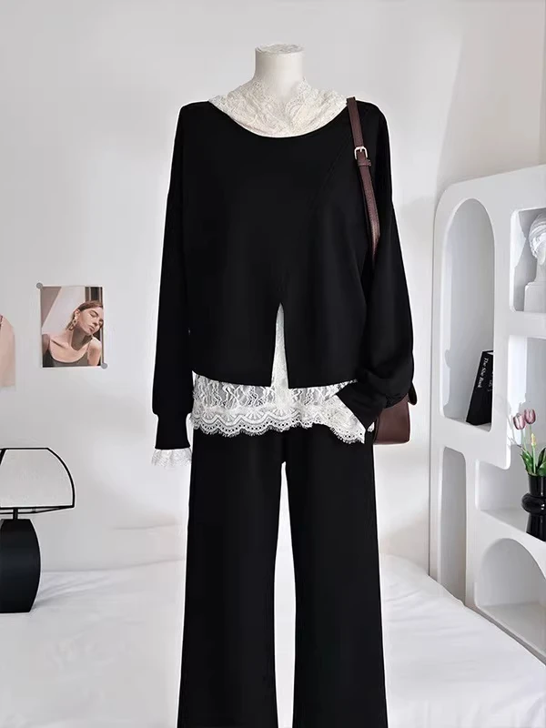 

Комплект из трех предметов: Женский повседневный костюм больших размеров (до 300 фунтов) с дизайнерским акцентом, омолаживающий образ, весна-осень: кружевной топ-жилет и повседневные брюки