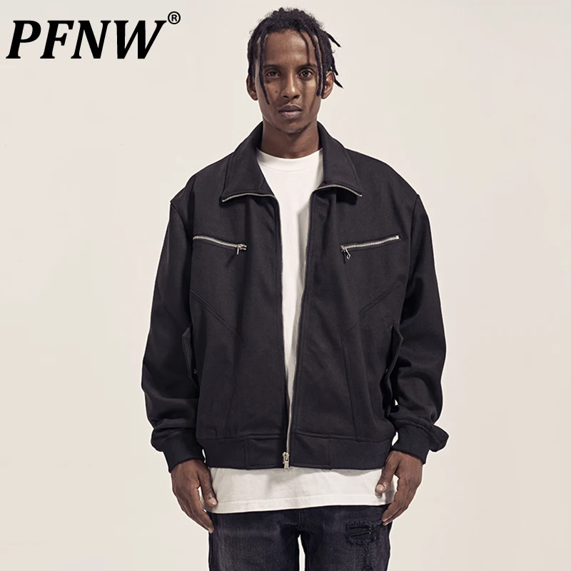 

PFNW Dark Style Men's Jckets Loose Double Zippers Patchwork Turn-down Collar Solid Color Male Coats Streetwear Autumn 12C620