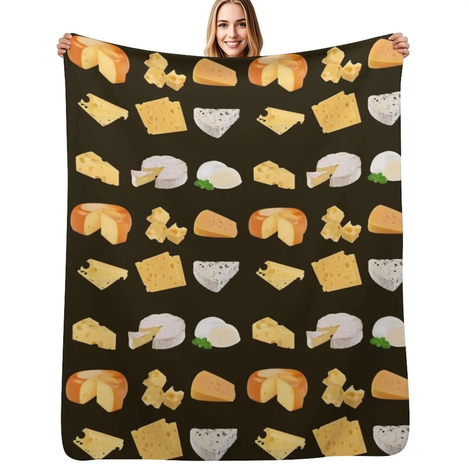 Manta Decorativa 3D con Diseño de Quesos Variados: Mozzarella, Queso Suizo, Cheddar, Camembert, Emmental, Gouda, Gorgonzola