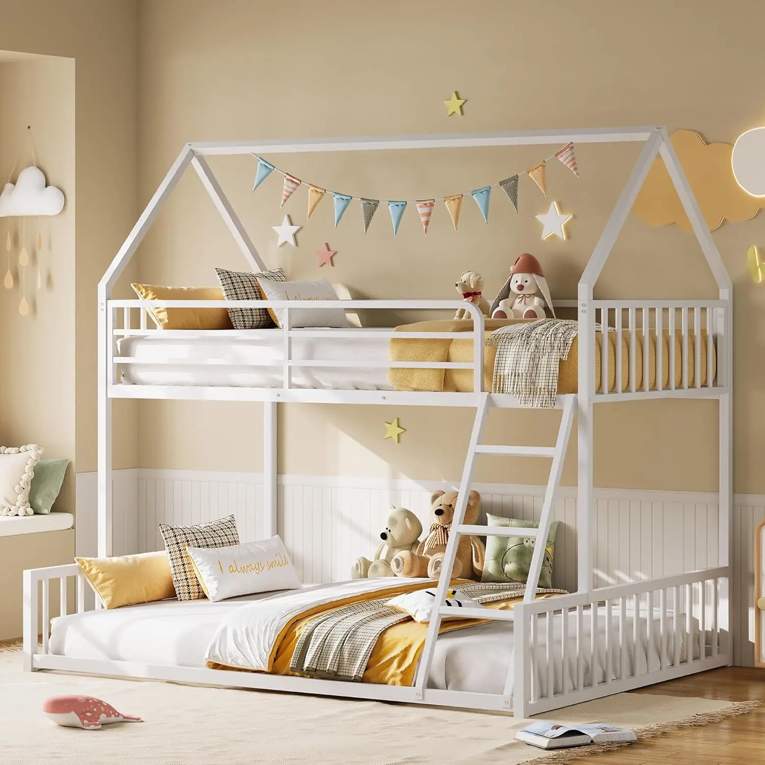 

Twin Over Full Bunk Bed with House Design, Metal Frame & Guardrail, No Box Spring Needed, Space-Saving for Bedroom, White