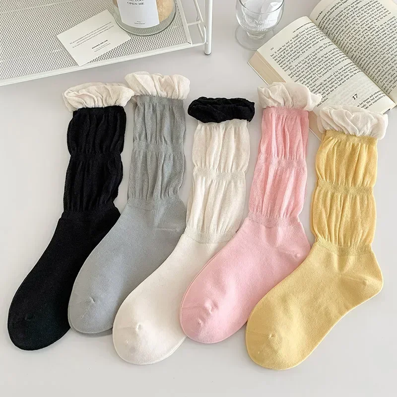 

Solid Color Loose Long Socks Lolita Ruffle Socks Women Hollow Out Mesh Thin Breathable JK Sweet Girls Kawaii Cute Princess Socks