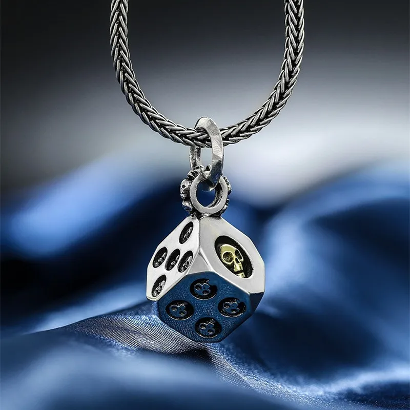 Metal D6 Dice Dark Skull S925 Silver Plated Dice Pendant Hip hop 6-sided Dice Necklace Pendant Board Game Accessories