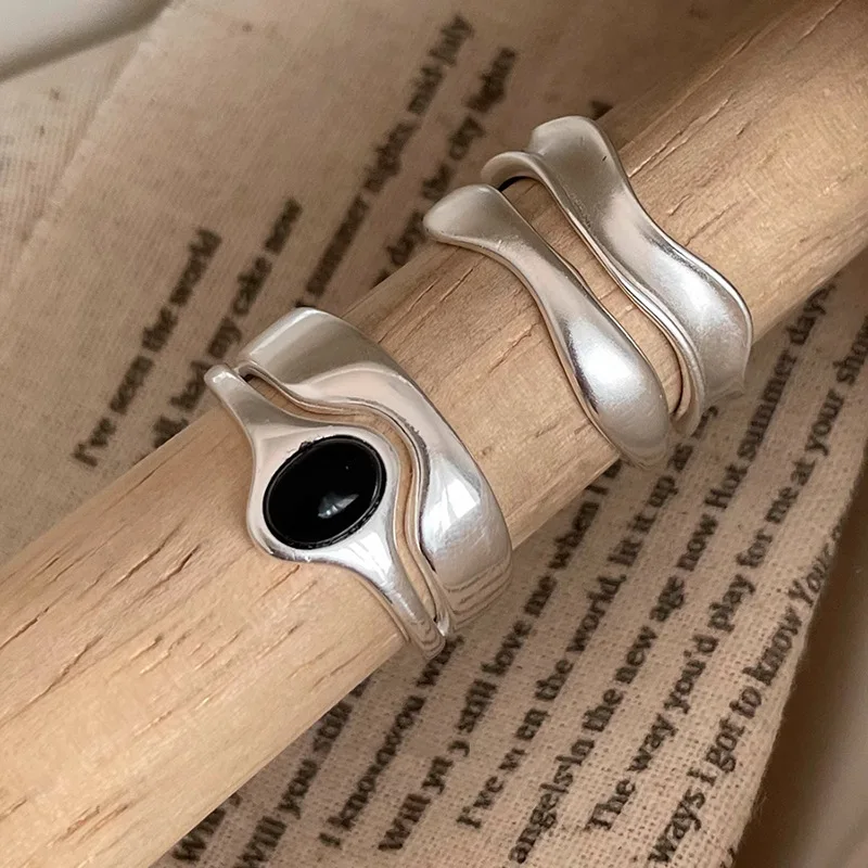 New Fashion Silver Color Open Finger Ring Geometric Black Stone Punk Stackable For Women Girl Jewelry Gift Dropship Wholesale image 6