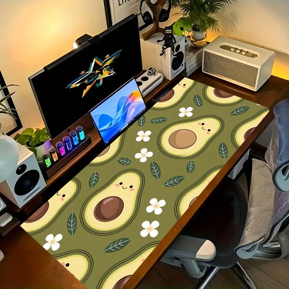 Kawaii Smiley Avocado Mouse Pad Cute Green Fruit Leaf Large Desk Mat Non-Slip Rubber Keyboard Mat for Computer Girls Home Office
