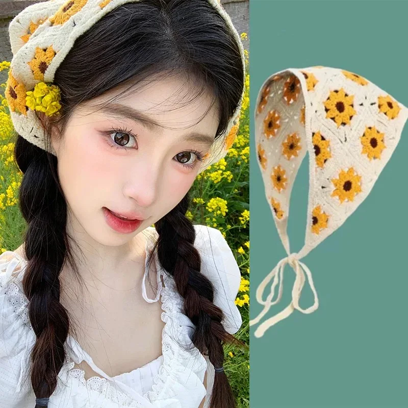 Korean Sweet Cute Handmade Crochet Hollow Triangle Headband Towel Women Spring And Summer Travel Literary Photo Hair Scarf