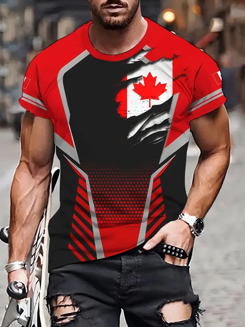 Men'S Canadian Flag & Maple Leaf Print T-Shirt Summer Short Sleeve Tee Shirts With Round Neck Mens Canada Day T Shirt Tops