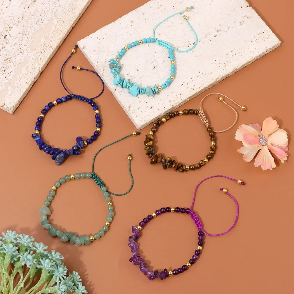 10pcs Woven Natural Irregular Crystal Chip Bead Woven Adjustable Bracelet Amethyst Lapis Bracelet for Women Men Yoga Jewelry