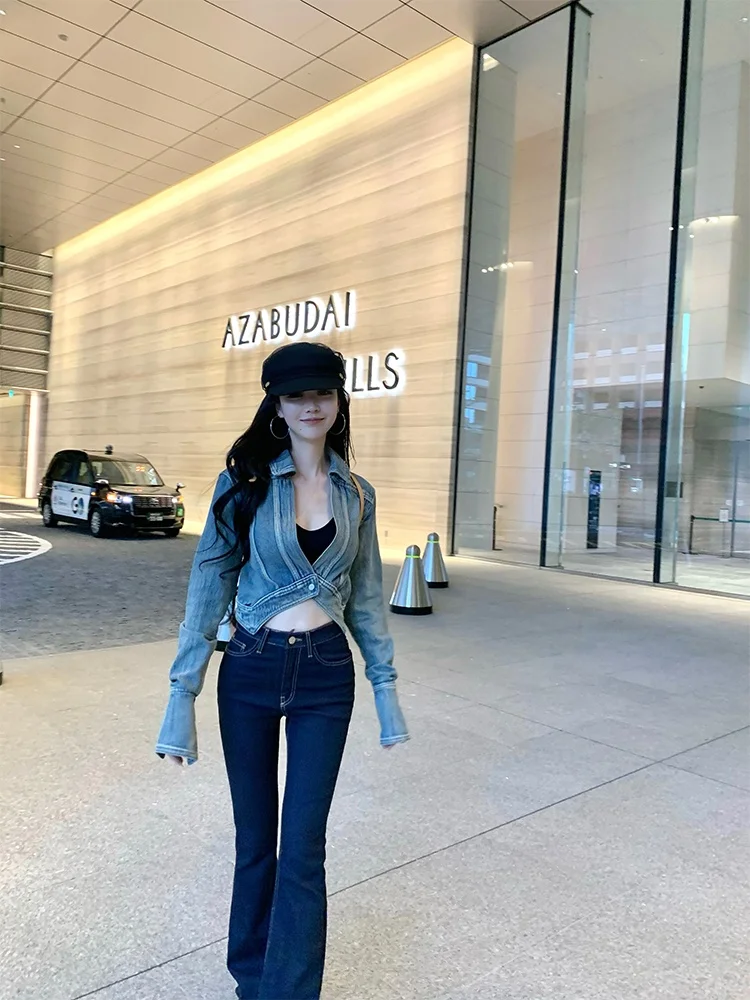 

Темно-синие эластичные джинсы с микро-клеш GYO, длинные брюки с подтяжкой ягодиц, застежка-молния на талии, облегающие универсальные сезонные джинсы