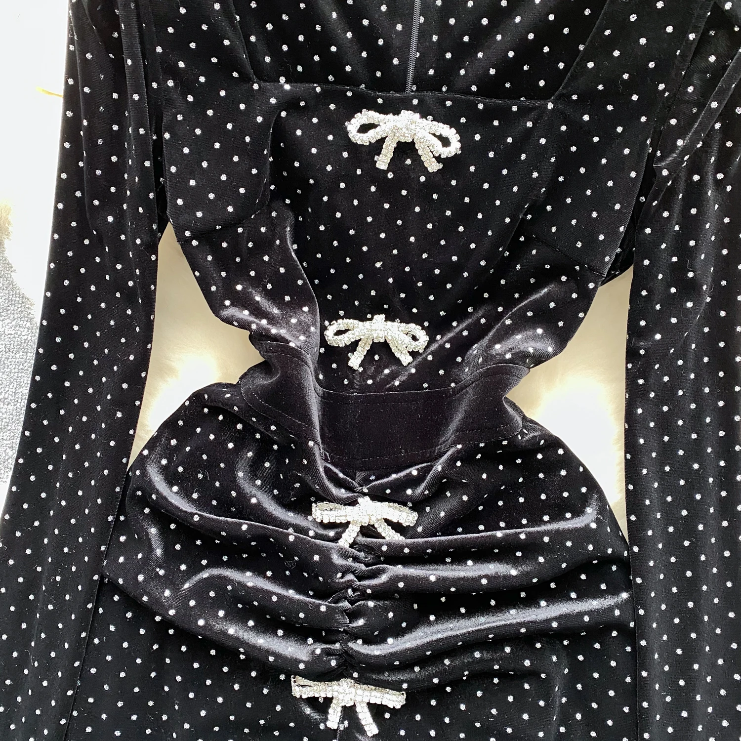 Sexy Square Collar lool sleeve bow rhinestone sweet Dress Chic Vintage Evening Party Club Women fold Chic Goth Slim dresses