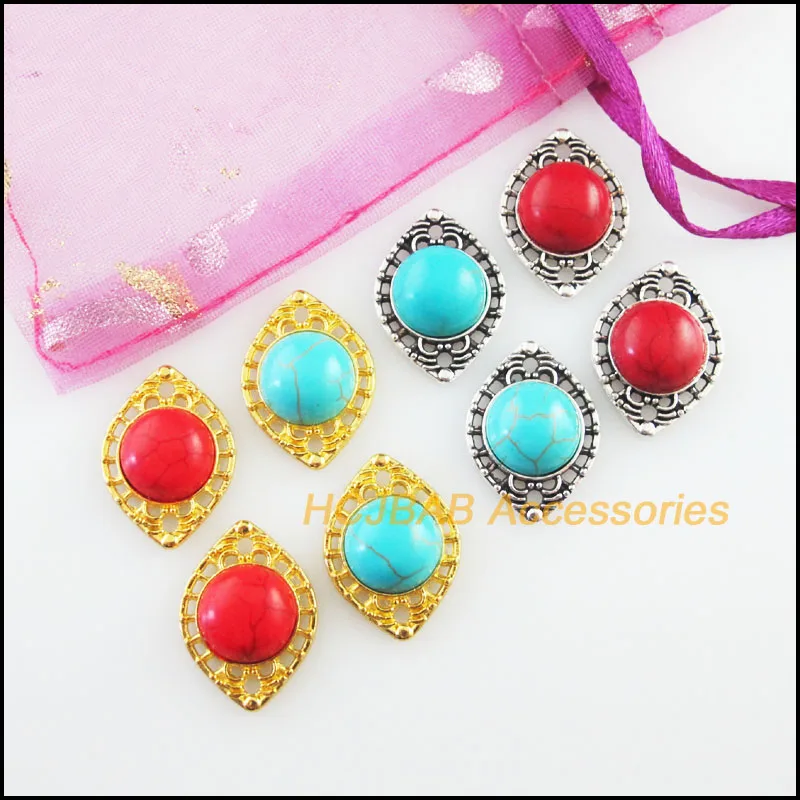 Fashion 12Pcs Retro Gold Color Tibetan Silver Tone Flower Eye Blue&Red Stone Charms Connectors 14.5x20mm