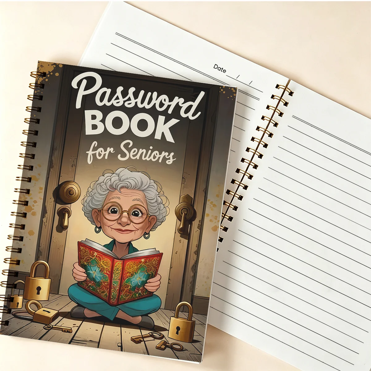 Password Record A5 Spiral Notebook, Hardcover Coil Journal, Lock Key Print Notepad for Account Information Management