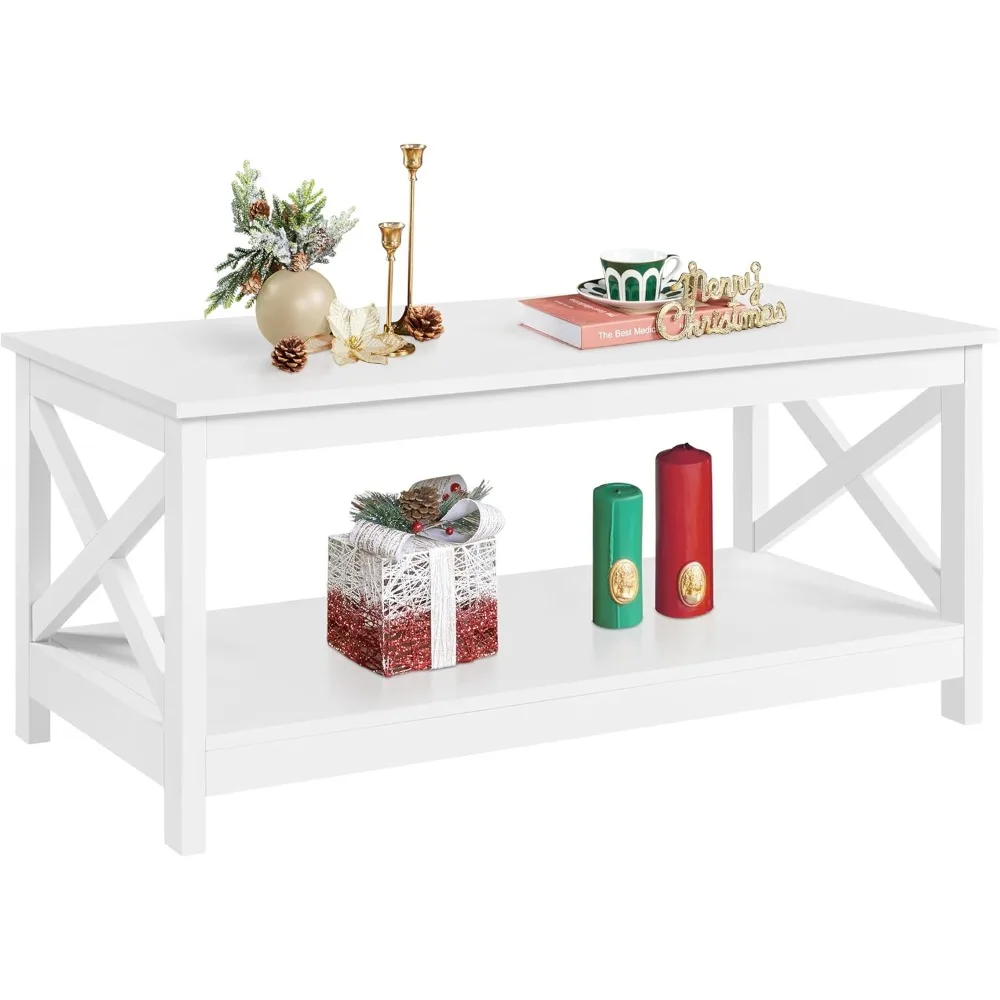 

Wood 2-Tier White Coffee Table with Storage Shelf for Living Room, X Design Accent Cocktail Table, Simple Design Home Furniture