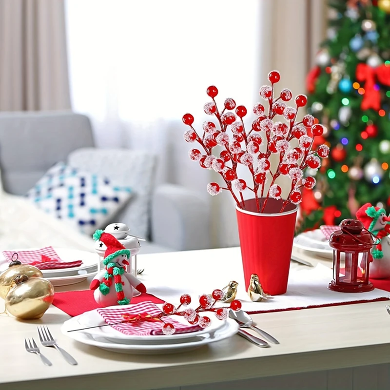 10 Stück Weihnachts dekoration künstliche rote Frucht Stechpalmen beeren rote Beeren zweige für Weihnachts baum Anhänger Kranz Geschenk Ornament – Detail 3
