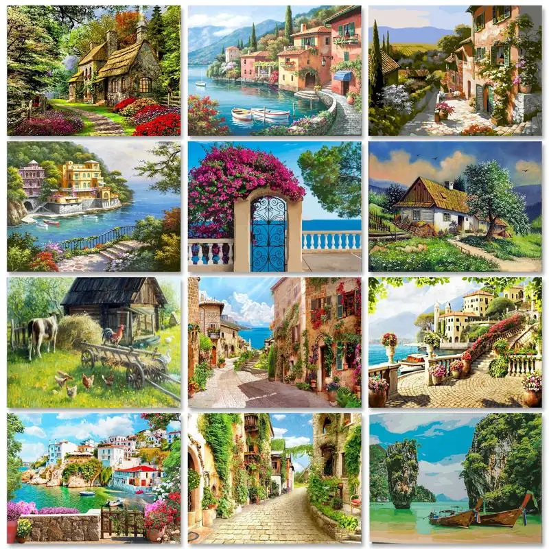 

GATYZTORY Coloring By Number Village Scenery Kits Paintings On Number Drawing On Canvas Art DIY For Unique Gift Home Decor