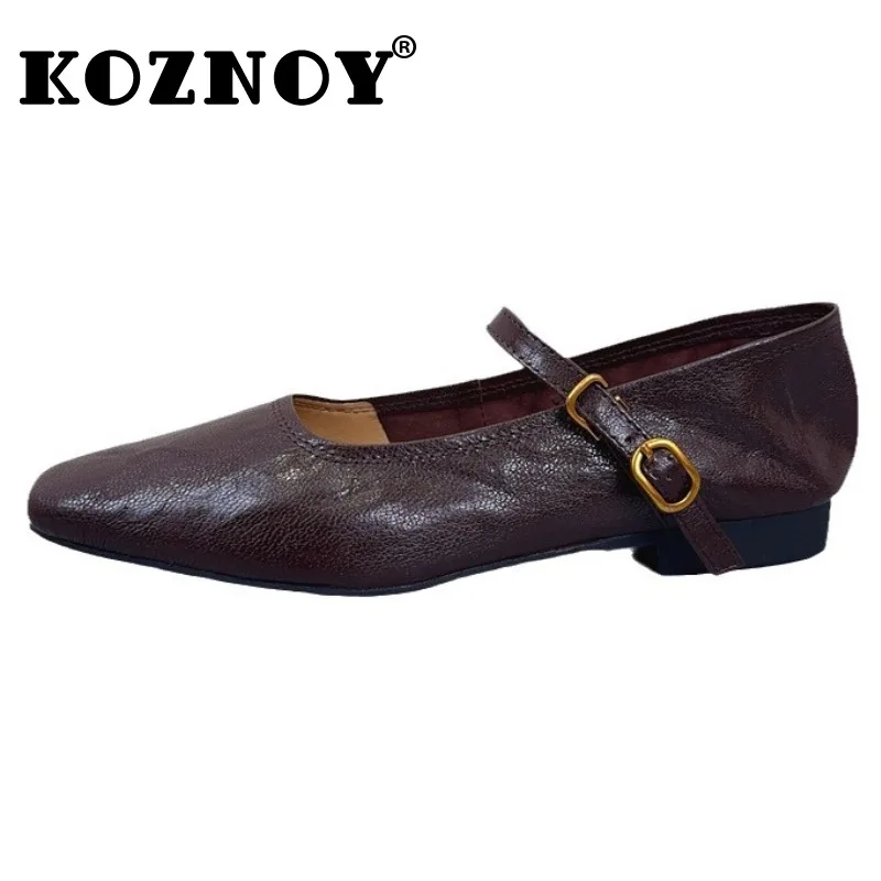 

Koznoy 1.5cm Genuine Leather Summer Fashion Slippers Platform Wedge Buckle Square Toe Sandals Oxfords Breathable Women Flats