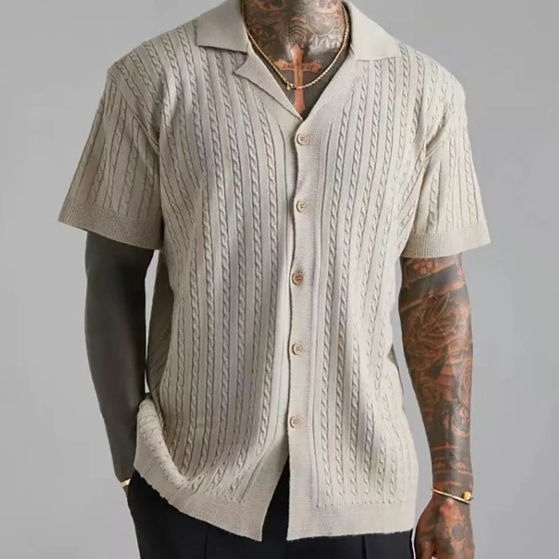 

Summer Men's Knitted Short-Sleeved Shirts Fashion Twist Jacquard Knitwear Solid Color Casual Lapel Button Cardigan T-Shirt Tops