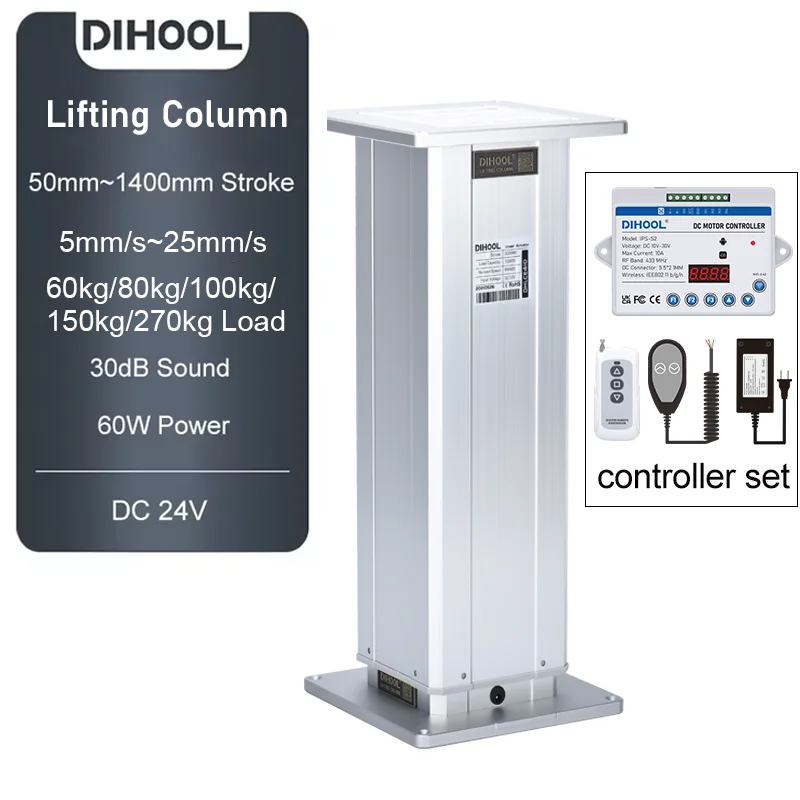 Dihool 2-section Aluminum Lifting Column 2500N Load 1000MM Stroke DC24V 60W Power Motor Remote Control With Aluminum Plate