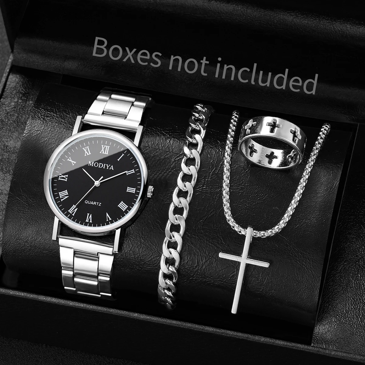 4 ピース/セットファッションメンズビジネス腕時計カジュアルローマダイヤル男性クォーツ時計ジュエリーセットリロイ Hombre (箱なし)