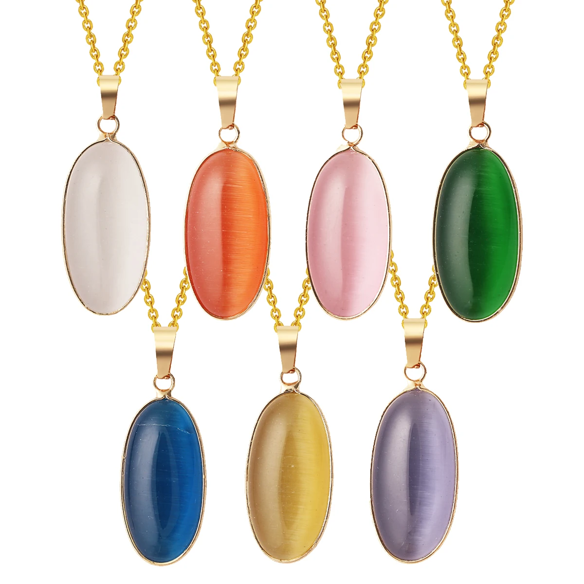 

One Piece Of Multi-Color Cat Eye Stone Oval Pendant Necklace Pink White Green Blue Necklace Pendant Ladies' Couple Jewelry Gift