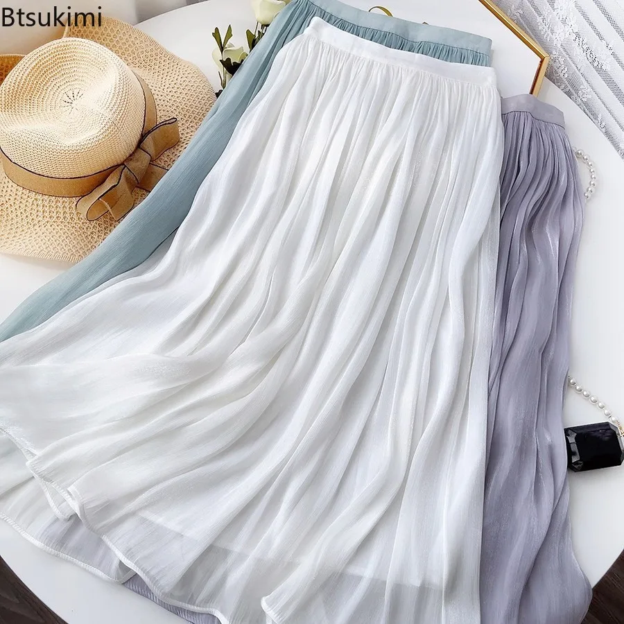 

Женская летняя повседневная юбка из органзы 2026 года, миди, приталенная, с эластичной талией, сетчатая, плиссированная, А-силуэт, элегантное платье для девушек