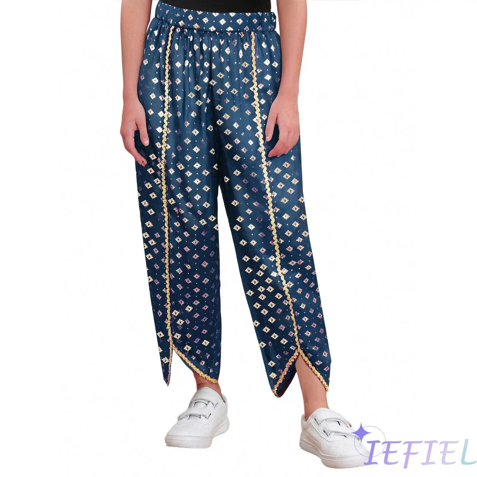 

Girls Indian Roleplay Dress Up Dhoti Elastic Waistband Gold Trim Metallic Floral Print Satin Pants for Theme Party Halloween
