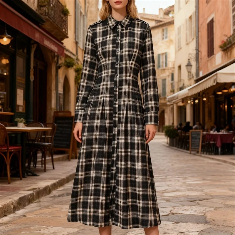 Dames maxi-jurk met lange mouwen en knopen, casual elegante herfst-winteroutfit, vintage geruite overhemdjurk