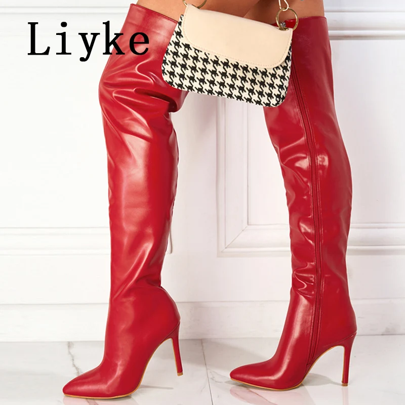 Liyke Sexy Motorcycle Red Leather Thigh High Over The Knee Boots Women Stiletto Heels Pointed Toe Zip Ladies Long Booties Shoes