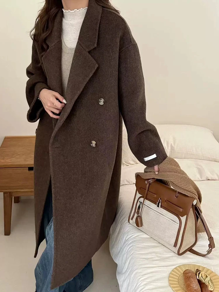 DEAT Fashion Women's Woolen Coat Lapel Loose Double Breasted Long Sleeves Brown Blends Overcoat Winter 2024 New Tide CPG2160