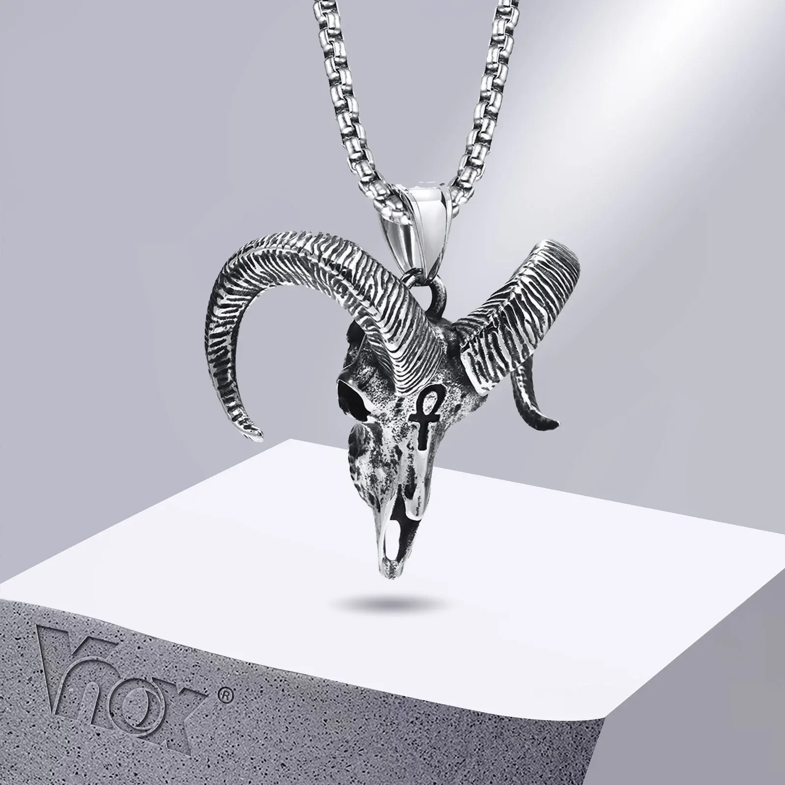 Vnox Vintage Men Necklaces, Bold Chunky Satan Goat Pendant with Box Chain, Stainless Steel Lucifer Monster Evil Goat Anka Collar