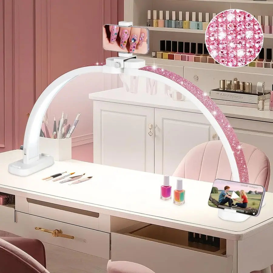 

Super Large 31in Half Moon Light for Nail Desk, Foldable Arch Light for Nail Tech Lamp with Phone Stand, LED Table Lamp for Man