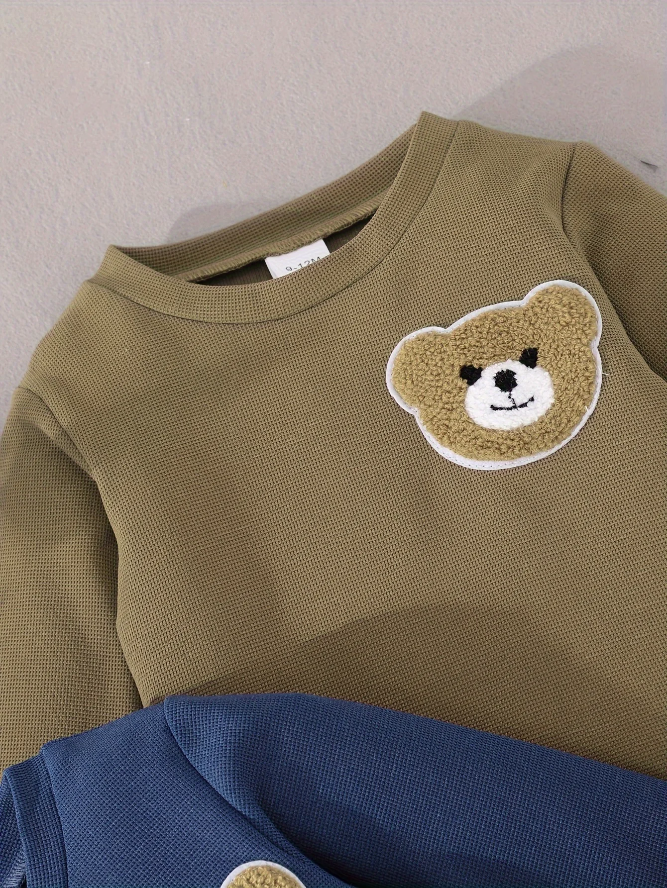 3 Sets Baby Boy Spring And Autumn Cute Bear Stick Cloth Embroidered Waffle Collar Long Sleeve Base Shirt 3 Warm Solid Color