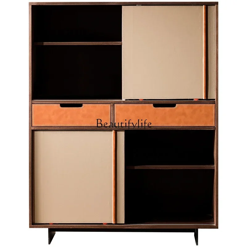 

FG28Italian light luxury dining side cabinet minimalist household stainless steel saddle leather medieval storage high cabinet