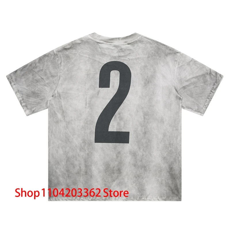 

Kanye West Short Sleeve Back Number 2 Print Crewneck Cotton Tops American Streetwear Retro Dirty White Loose T Shirts