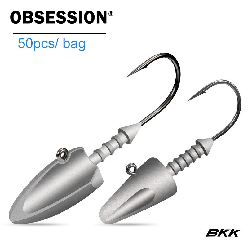 OBSESSION YB006 YB007 50pcs/bag 7g 10g 12g 14g Bullet Jig Head Hooks Weighted Bass Fishing High Carbon Steel Flat Jig Heads Hook