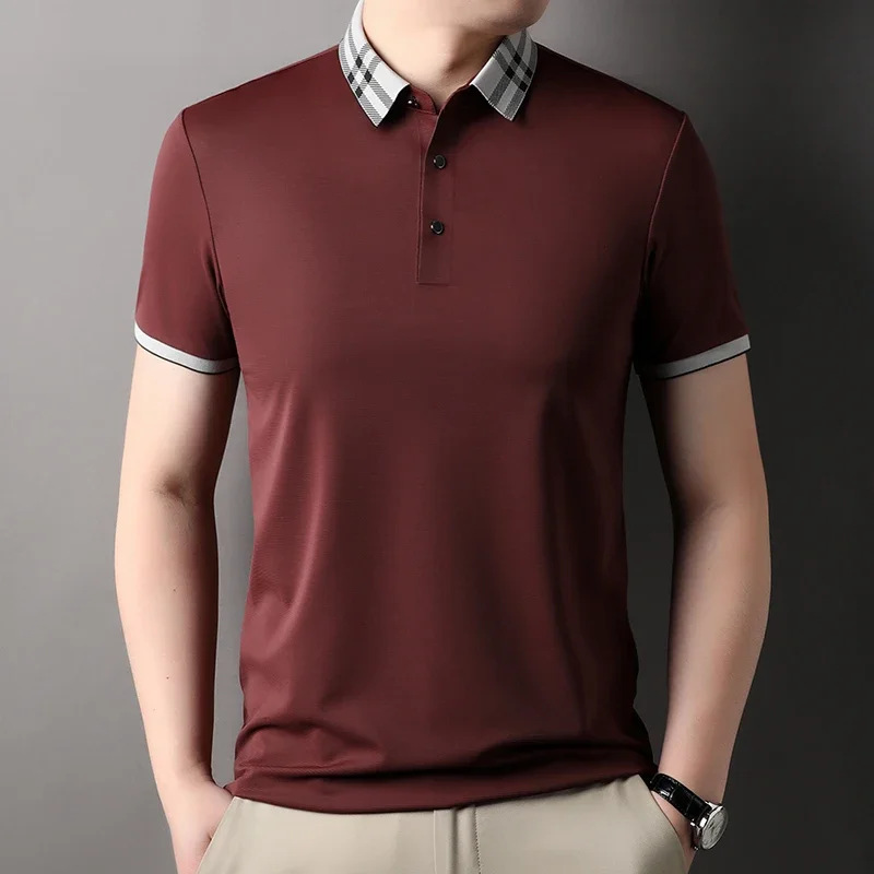 Seamless Summer Solid Color Men's Polo Shirts Luxury Short Sleeve Business Simple Classics High Elasticity Man Tees