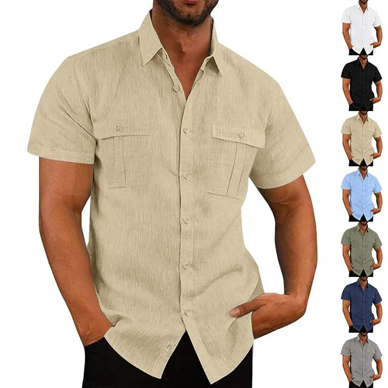 

Light Beige Linen Shirt Loose Fit Olive Green Linen Shirts Button Front Casual Shirt Pointed Collar Gray Short Sleeve Shirt