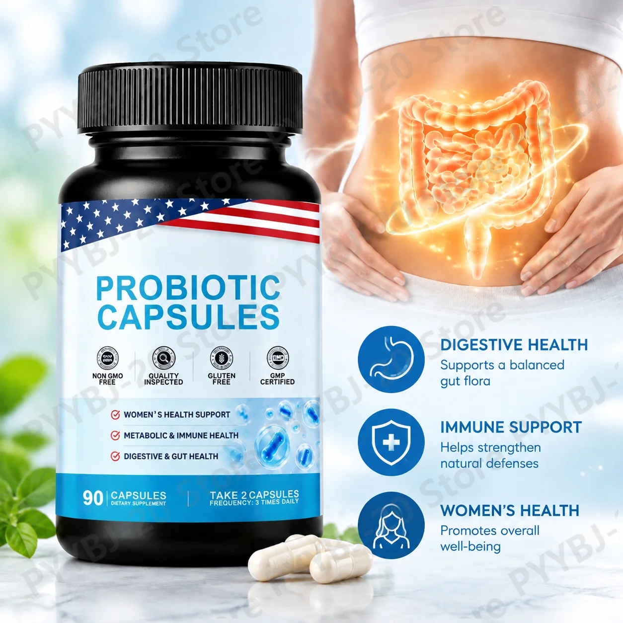 Digestive Probiotic Capsules Gut Health Digestive Comfort Metabolic Immune Support with Probiotic Blend Nutrient Absorption 90ct