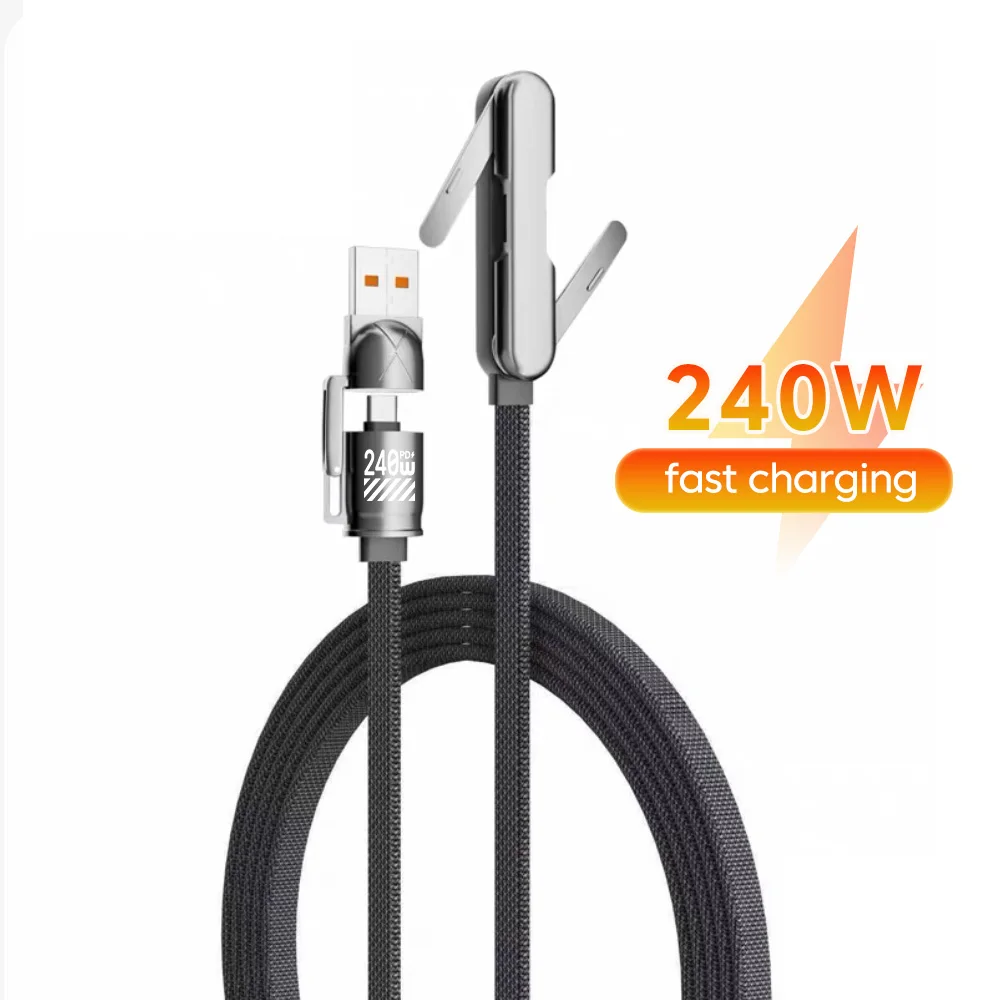 240W PD Fast Charging USB C Cable With Foldable Phone Stand Holder Elbow Gaming Data Cord For iPhone 15 16 17 Samsung Xiaomi