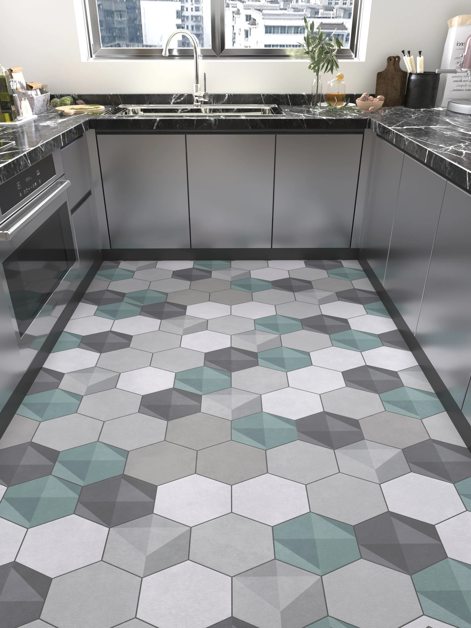 Kitchen Anti-Slip Oil-Resistant Wa-Free PVC Floor Mat Cusizable Home Use Footrest Pad Water-Proof Geometric Pattern Rug