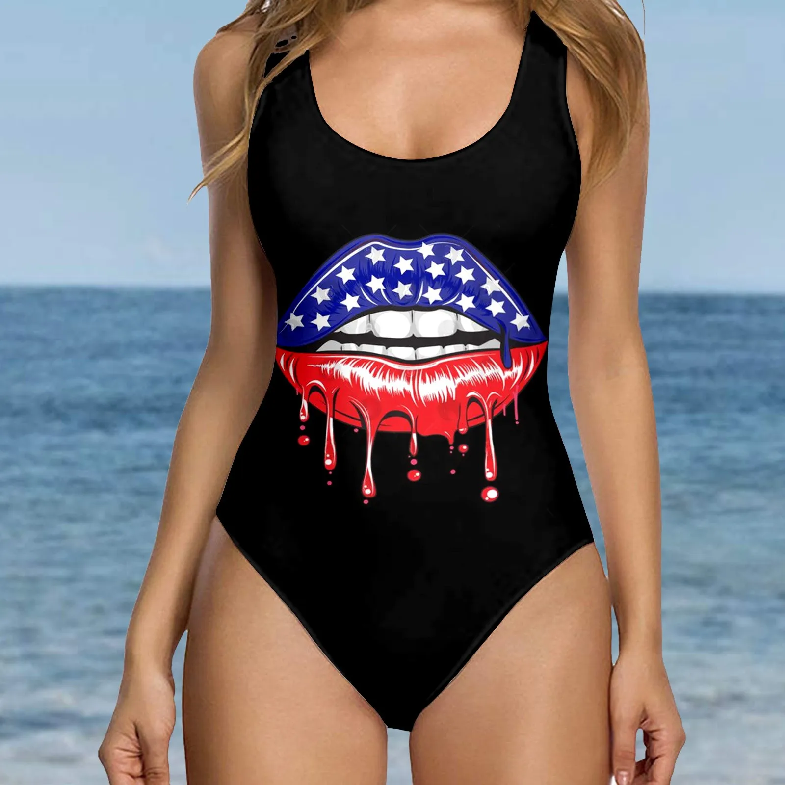 

Women's Independence Day For Women's American Print Square Neck Open Back High Cut Monokini Swimsuit Dress Shorts