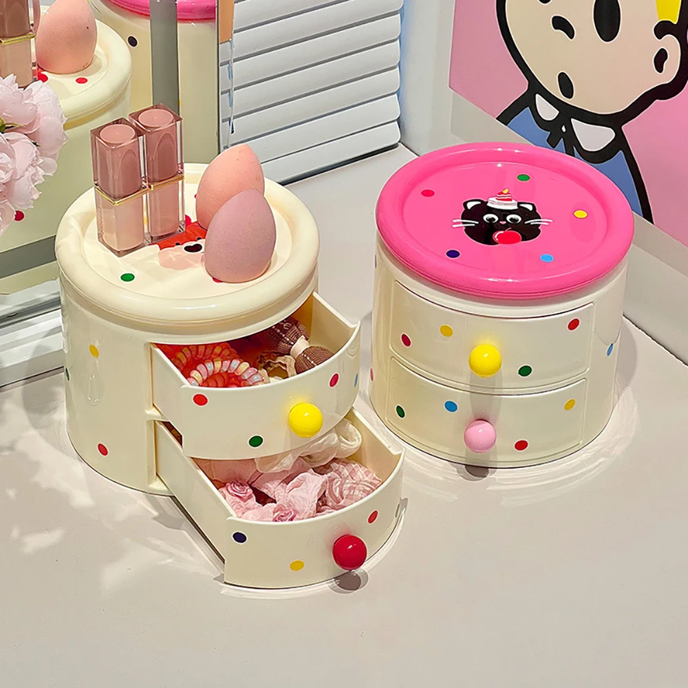 Cute Polka Dot Round Storage Organizer Multi-Layer Drawer Desktop Box for Makeup Jewelry Stationery for Girls Bedroom Desk