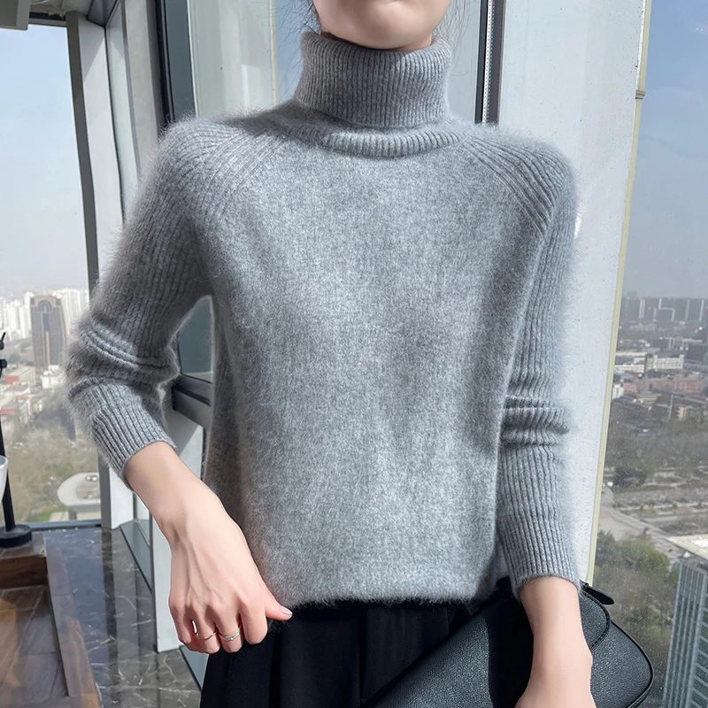 Jesienno-zimowy sweter damski z kaszmiru norek 100%, dzianina, pulower, gruby, ciepły, jednolity kolor, plus size, bazowy, z wysokim kołnierzem, odzież wierzchnia.