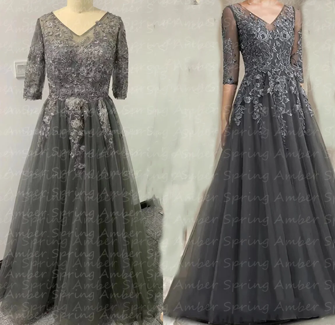 Elegant Grijs Kant Moeder Van De Birde Jurken Halve Lange Mouwen V-hals Applique Bruiloft Bruidegom Moeder Jurk Met Gala Party Aangepast