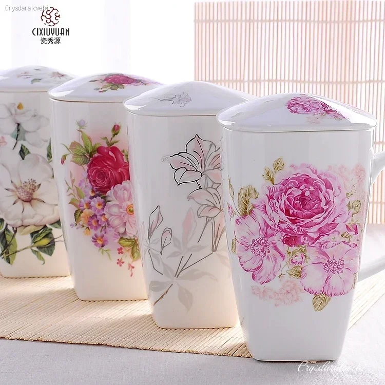 700ML, Real Bone China Tumblers with Lid, Taza Cafe Funny Mug, Cute Big Coffee Cups Floral Painint, Ceramic Cup Perfect Gift