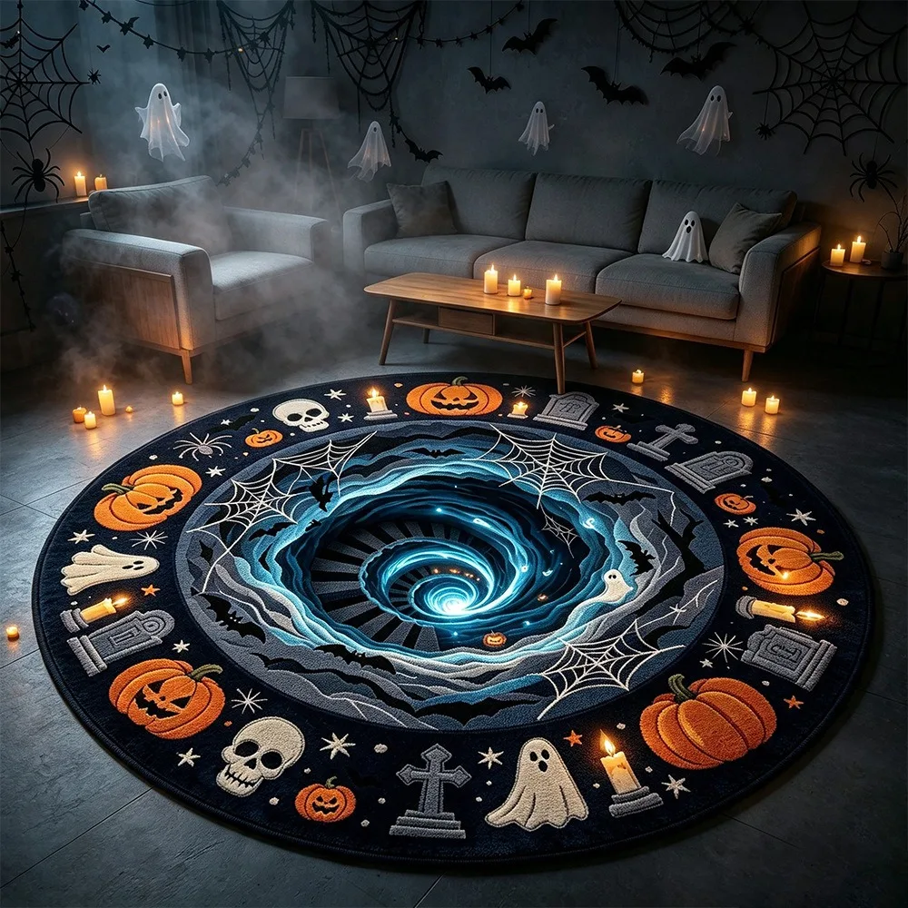Crystal Velvet 3D Haunted Staircase Round Rug Spooky Thickened Halloween Area Mat Non Slip Optical Illusion Floor Mat