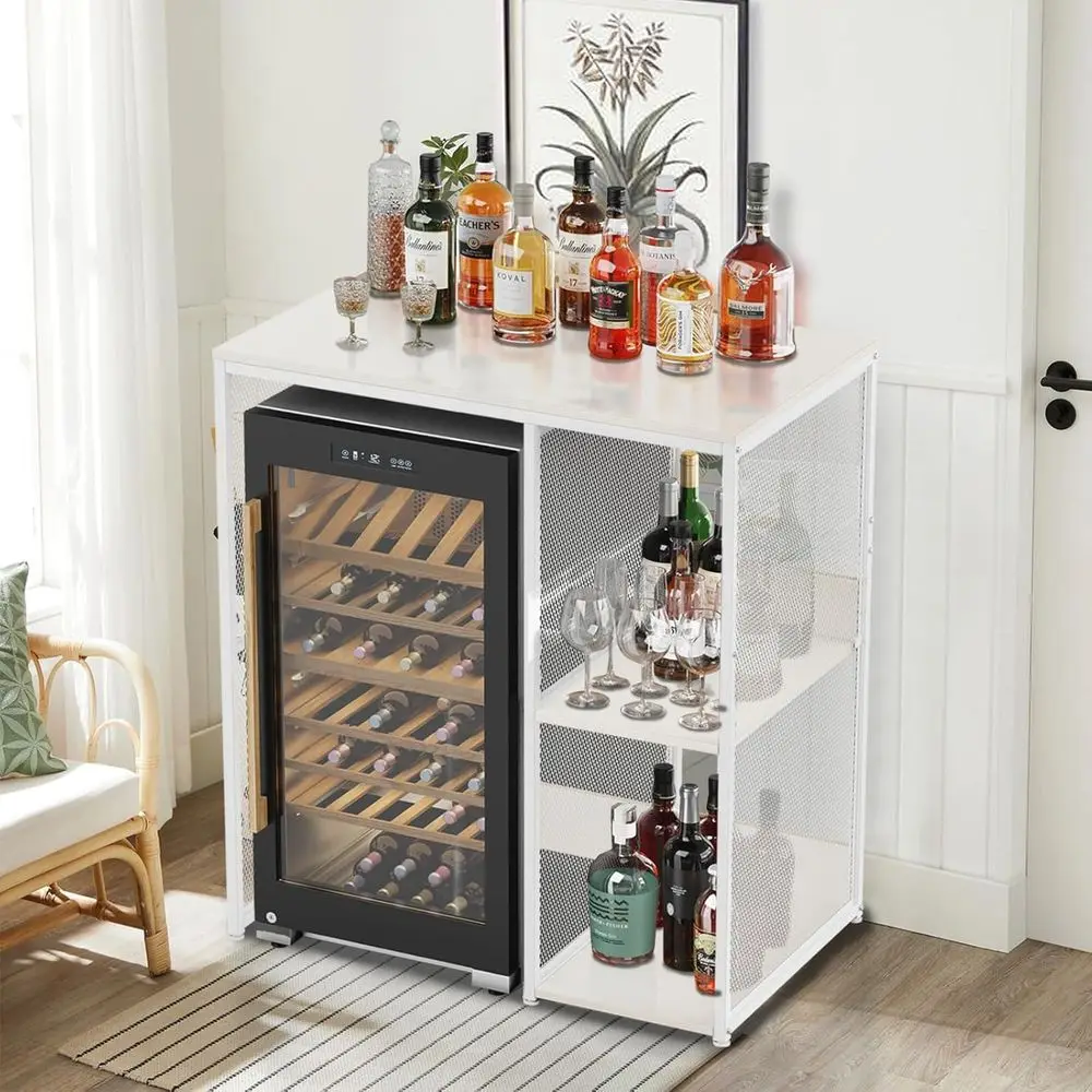 خزانة بار القهوة بيضاء مكونة من 3 طبقات مع مساحة تخزين للثلاجة الصغيرة، رف خباز المطبخ بتصميم بسيط، منظم أدوات مدمج للمنزل